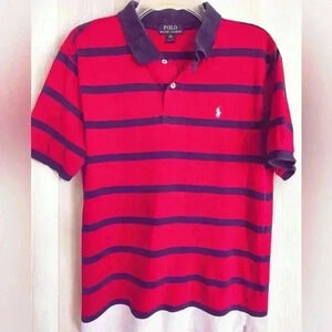 Ralph Lauren Polo Shirt Youth XL 18-20 Red Blue Striped Preppy White Pony Logo
